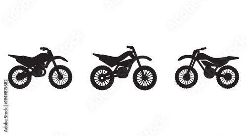 Three black silhouette motocross bikes with knobby tires in different positions on white background  motorbike silhouettes