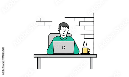 A man focused on his laptop, working from home or office, with a coffee cup nearby for a break