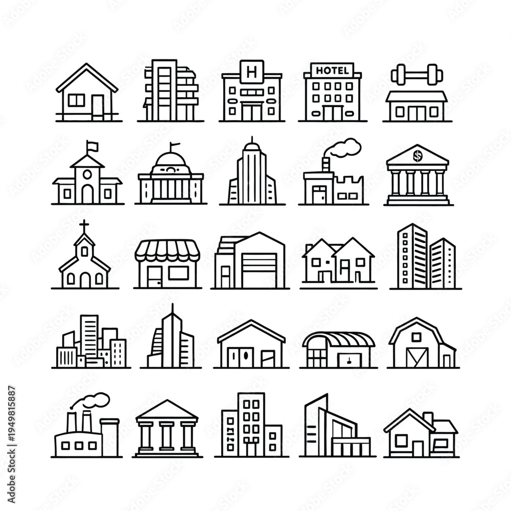 Fototapeta premium Architecture and Building Line Icons Set, City Buildings, Real Estate and Construction Outline Vector Icons