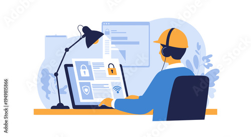 Vector illustration of a cybersecurity specialist wearing a safety helmet and headset working on a laptop with network security icons, lock symbols, and shields on a desk workspace.