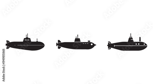 Three black silhouettes of submarines with different designs and features on white background  naval vessels