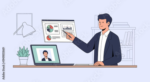 Vector illustration of a businessman in a suit pointing at data charts and graphs during a remote video conference call from a home office desk with a laptop and bookshelf.