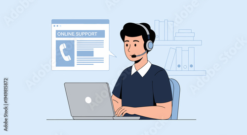 Male customer support representative wearing a headset and working on a laptop at a desk, featuring an online support chat icon and office background in a flat vector style.