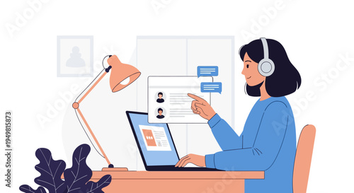 A female customer success manager wearing a headset working on a laptop at a desk, pointing to a digital customer profile interface with chat icons in a clean flat vector style.