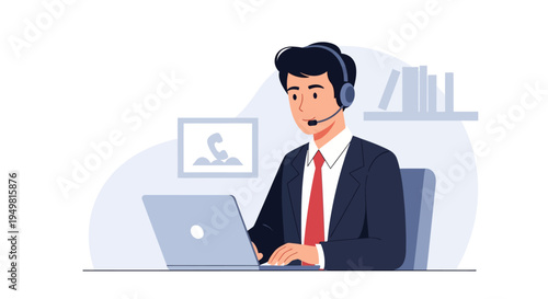 Vector illustration of a professional male customer service representative wearing a suit and headset while working on a laptop computer in a minimalist office setting with a red tie.