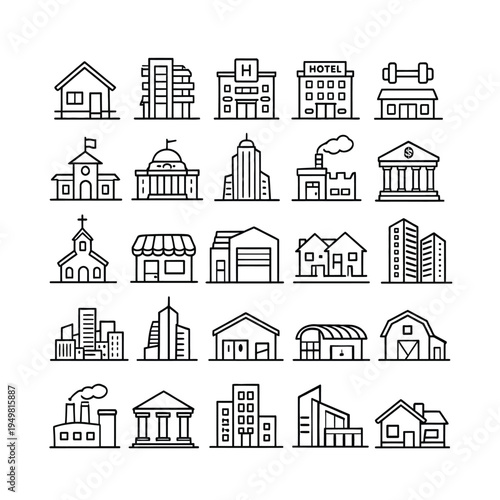 Architecture and Building Line Icons Set, City Buildings, Real Estate and Construction Outline Vector Icons