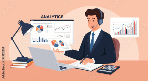 Professional male business analyst wearing a headset and suit sitting at a desk with a laptop and calculator while reviewing financial charts and data reports on a screen.