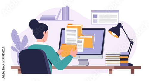 Female office employee sitting at a desk organizing digital files and manila folders on a computer screen, featuring a desk lamp, stacks of books, and a bookshelf in a flat vector style.