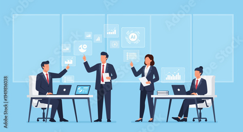 Vector illustration of business professionals in suits analyzing data through digital holograms and artificial intelligence icons in a corporate office environment with laptops.