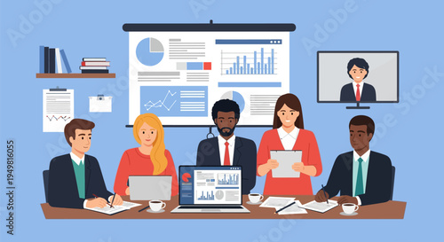 Multicultural business team in a conference room analyzing financial data charts on a projector screen and laptop during a hybrid meeting with a remote participant on a monitor.