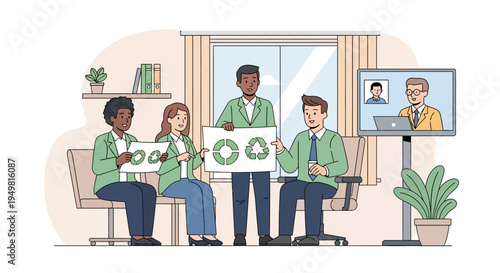 Multicultural office team conducting a hybrid meeting to discuss corporate sustainability and recycling goals, featuring diverse colleagues and a video conference screen illustration.
