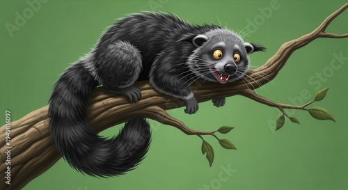 Adorable Skunk Climbing a Tree with Bright Green Background