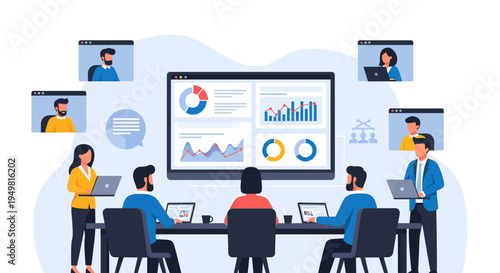Hybrid business team conducting a strategy meeting in a modern office using a large digital dashboard for data visualization with remote participants connected via video call.