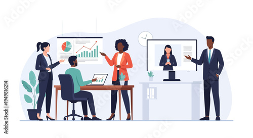 Multicultural business team collaborating in a modern office with data charts on a screen and laptop, including a woman on a video call and diverse professionals in formal attire.