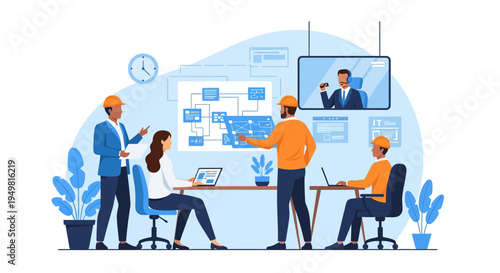 Vector illustration of diverse engineers in hard hats and office staff collaborating on technical diagrams, project management, and a remote video call in a modern office space.