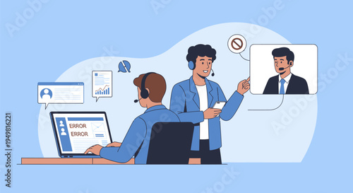 Vector illustration of a technical support team troubleshooting software errors on a laptop while conducting a video call with a remote colleague in a modern office setting.
