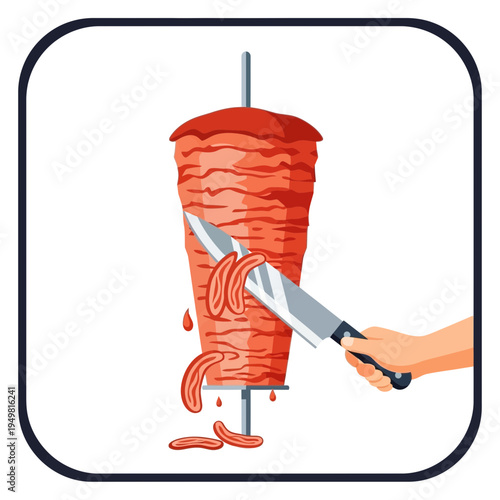 Vector art depicting a chef's hand skillfully carving marinated meat from a vertical rotating grill, ideal for various street food dishes