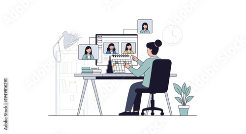 Vector illustration of a woman sitting at a desk coordinating a remote team meeting on a computer screen while pointing at a flip calendar to plan project tasks and deadlines.