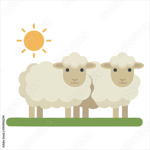 Peaceful sheep and lamb standing in green sunny meadow cute animals cartoon style vector illustration