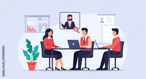 Flat vector illustration of a HR recruitment team in an office sitting at a desk with laptops conducting a hybrid job interview with a remote candidate on a digital screen.