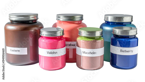 Collection of protein powder or supplement jars in different flavors like chocolate vanilla strawberry matcha coconut and blueberry for fitness nutrition