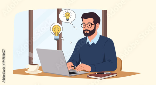 Vector illustration of a bearded man with glasses using a laptop at a desk with a coffee cup, featuring lightbulb thought bubbles representing creative brainstorming and innovative ideas.