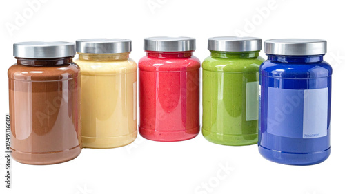 Collection of protein powder or supplement jars in different flavors like chocolate vanilla strawberry matcha coconut and blueberry for fitness nutrition