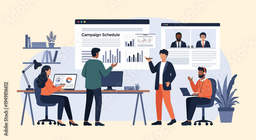 A flat vector illustration of a diverse team of digital marketing professionals analyzing data charts and a campaign schedule in a modern office setting with remote colleagues.