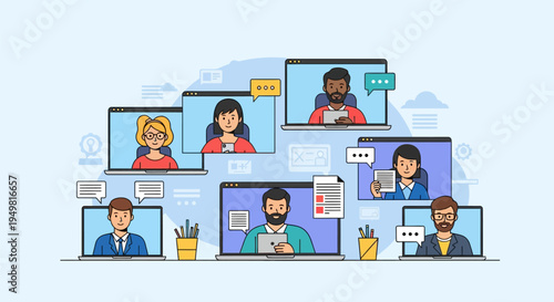 Flat vector illustration of diverse professionals collaborating via video conference on multiple laptop screens with speech bubbles, documents, and digital communication icons.