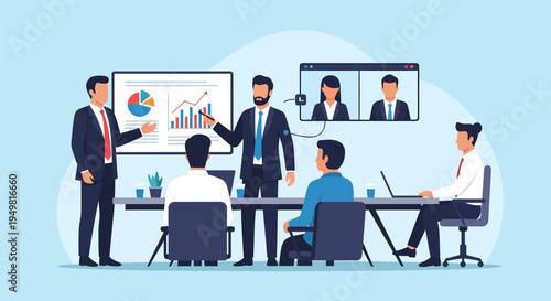 Vector illustration of business consultants in a hybrid meeting, featuring presenters analyzing data charts on a whiteboard with colleagues attending in person and via video call.