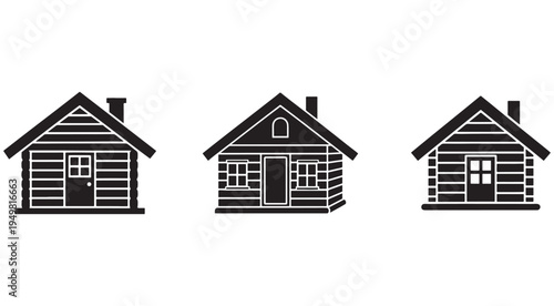 Three simple log cabin house designs with gable roofs and chimneys  isolated on white background