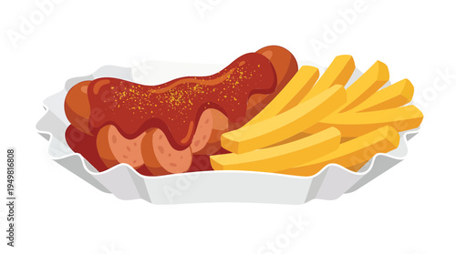 A hot dog with ketchup and fries in a white tray on a table