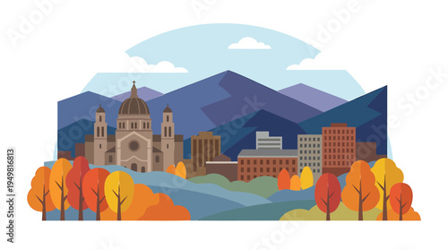 A scenic illustration of a cityscape with buildings, trees, and mountains in the background during autumn.