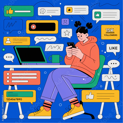 A woman sitting at a desk with a laptop and phone