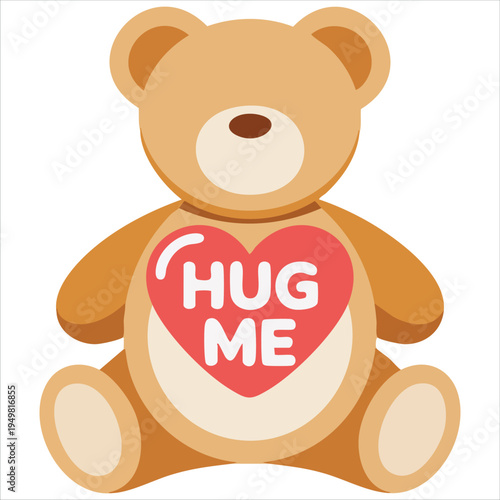Cute plush bear clutching red heart isolated on white background vector illustration