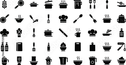 Kitchen tools and cooking utensils black icons on transparent background