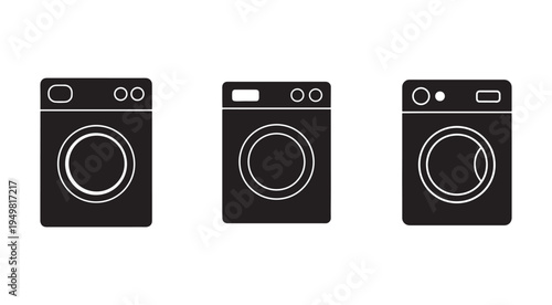 Washing machine icons in various styles and designs on white background for laundry and cleaning concepts  household appliances