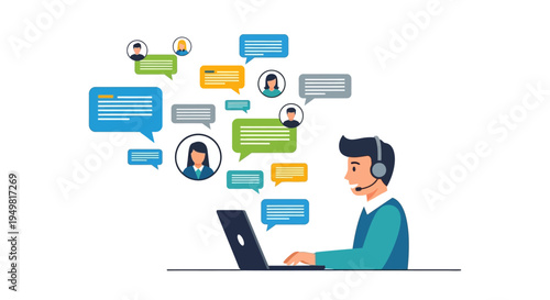 Customer Support Service Call Center Operator with Headset Flat Vector Illustration