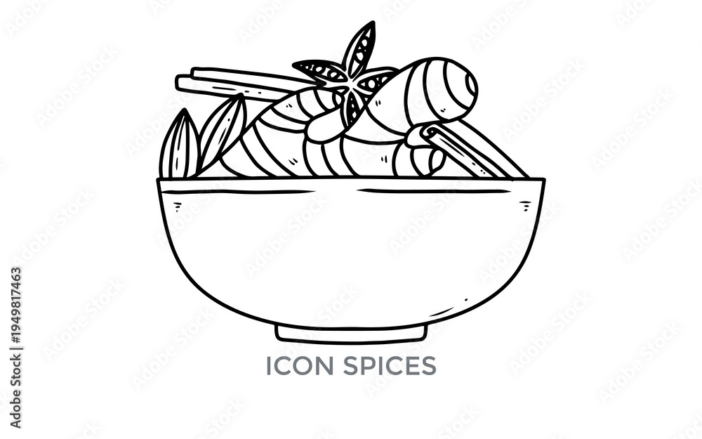 Obraz premium A black and white line art illustration of a bowl filled with various aromatic spices like star anise, cinnamon sticks, and bay leaves, on a white background.