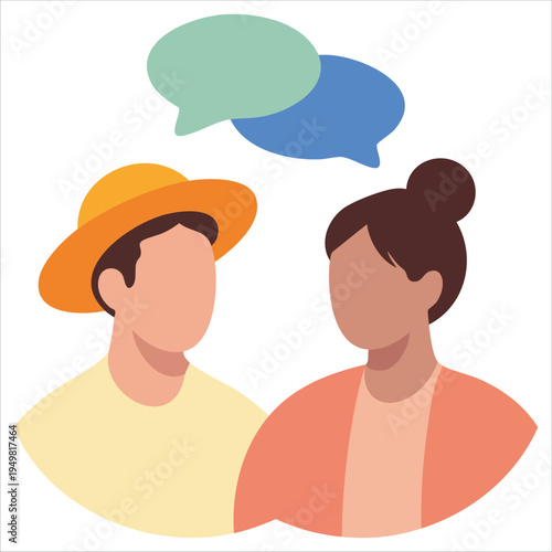 Digital interaction between two persons in flat vector illustration for chatting concept isolated on white background