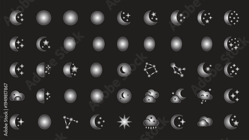 Silver gradient moon and star icons collection for nocturnal weather design