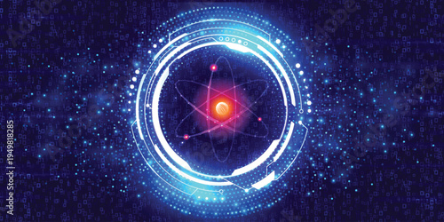 Futuristic glowing atom HUD interface with blue digital binary data background, abstract science technology, quantum energy concept