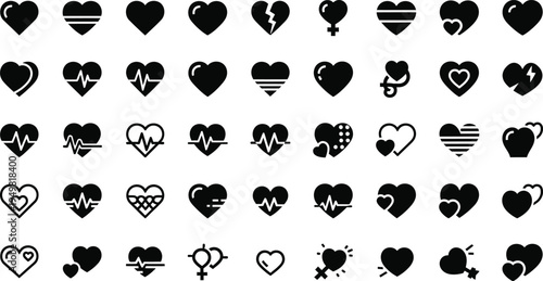 Heart icons set with heartbeat cardiogram line and healthcare symbol signs