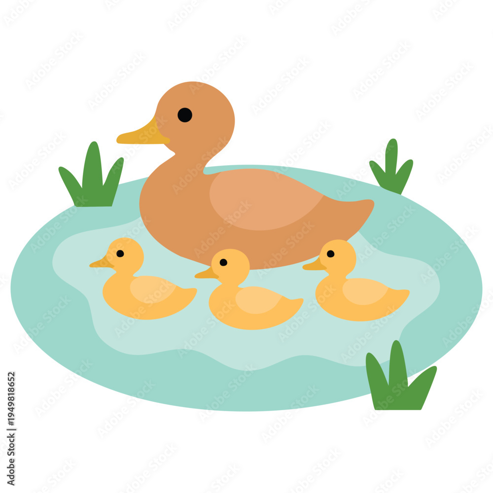 Fototapeta premium Waterfowl family in lake scene for environmental protection posters vector illustration