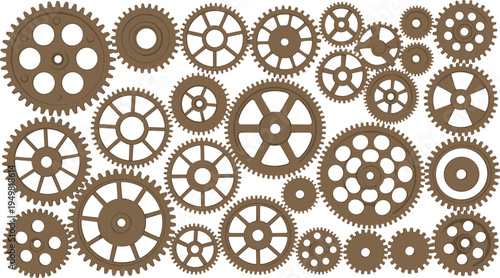 Steampunk gear collection, vintage mechanical cogs wheels set, industrial machinery parts illustration, engineering mechanism background design elements