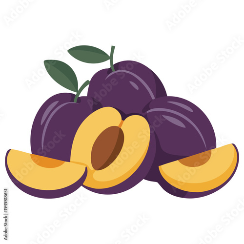 Fresh plums collection with slices and leaves cute cartoon vector illustration for organic food concepts