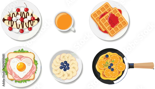 Healthy Breakfast and Brunch Food Icon Set with Waffles, Fruit Bowls, Orange Juice, and Pancakes for Restaurant Menus, Apps, and Culinary Designs