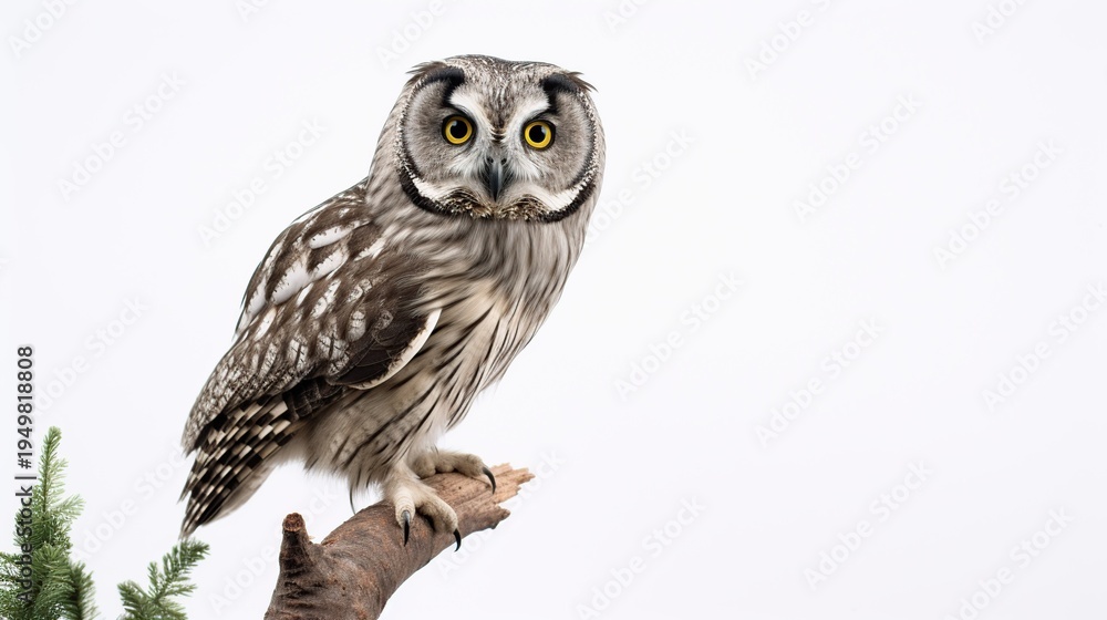 Obraz premium A vigilant, mottled brown owl perched on a bare branch against a clean white backdrop with a touch of pine foliage