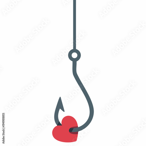 Vector illustration of red heart symbol on fishing hook for love concepts