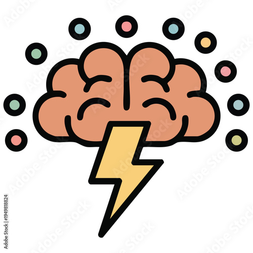 Brainstorming symbol with brain and lightning for creative ideas flat outline editable vector